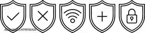 Cybersecurity and data protection shield icons with symbols Vector