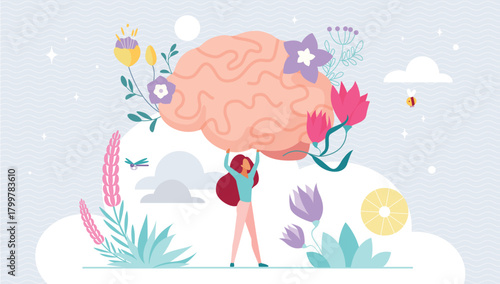 Mental health, positive mindset, relax and selfcare. Tiny girl holding human brain in blooming flowers to protect and care for mind, psychology therapy for thoughts cartoon vector illustration