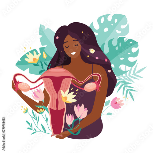 Care for female reproductive system, intimate health and fertility. Happy girl holding womb and flowers as feminine symbol of menstruation and menopause, pregnancy cartoon vector illustration