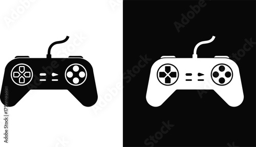 Black and white gaming controller icon illustration, minimalist joystick design, console control pad, retro video game device, modern entertainment vector symbol