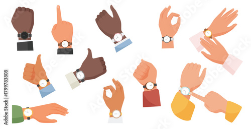 Hands in wrist watches set vector illustration. Cartoon isolated collection of wristwatch with strap on male and female arms, people pointing with finger at time, showing thumbs up and ok gesture