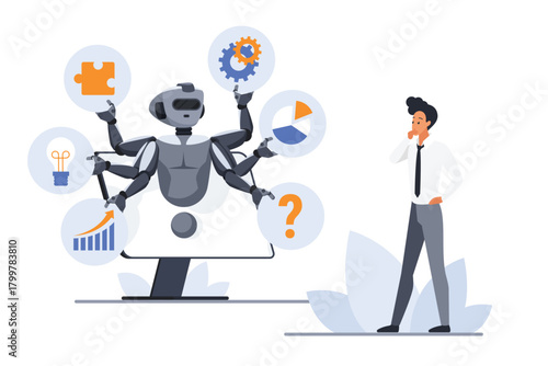 Business project with multitask support online from chat bot, digital service for work productivity. Tiny businessman working with robot with many hands on computer screen cartoon vector illustration
