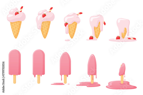 Melting ice cream set of animation sequence. Melting stages collection of strawberry sundae in waffle cone and pink popsicle from whole to melted glossy sweet puddle cartoon vector illustration