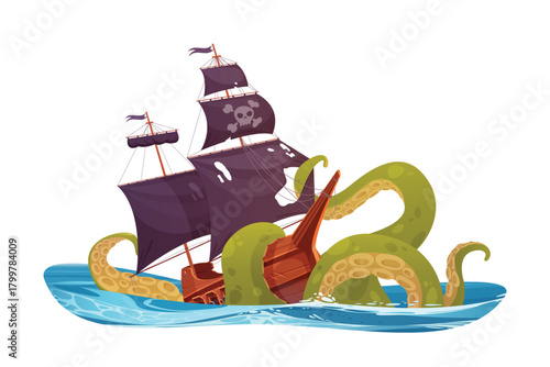 Tentacles of octopus sink pirate ship in ocean or sea waves vector illustration. Cartoon isolated fantasy shipwreck scene with kraken or perilous giant squid and corsair boat with black flag and sail