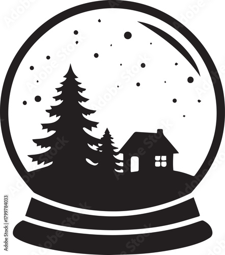 Winter Snow Globe Silhouette with House and Pine Trees