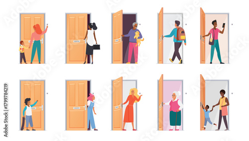 People open door set. Diverse young and old, male and female characters opening door, leaving or entering room at home or office, standing to knock or ring doorbell cartoon vector illustration