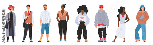A diverse group of people wearing different styles of street clothes, representing fashion, individuality, and modern urban life vector illustration.