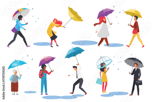 People walk in rain with umbrellas set. Male and female characters walking in rainy weather and storm, young student and old lady standing, businessman jumping in puddles cartoon vector illustration