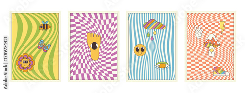 Groovy cartoon psychedelic patterns set. Trippy checkerboard and zebra lines texture with hippie emoji flower, magic mushroom and eye, backgrounds collection of 70s 80s style vector illustration