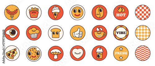 Groovy cartoon food stickers set, cafe and restaurant menu emoji. Funny retro food elements with trippy faces inside round shapes, funky patches collection of 70s 80s style vector illustration