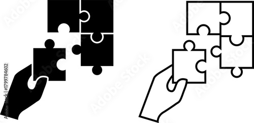 Symbol representing the connection and collaboration through joining puzzle pieces with hands in black and white design