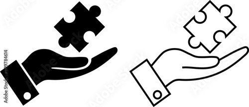 Hand holding puzzle pieces in black and white style for logo or icon design