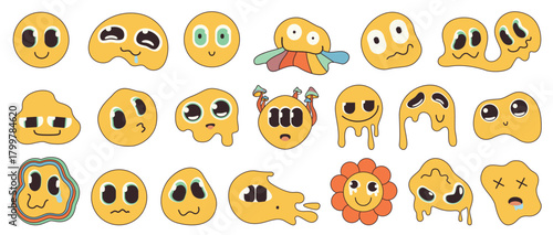 Groovy psychedelic emoji with distorted faces set. Funny retro crazy smiley collection of weird facial expression, liquid blobs melt, flower and rainbow decoration cartoon vector illustration
