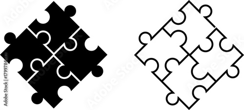 Creative puzzle logo design featuring black and white pieces with unique shapes and interlocking pattern
