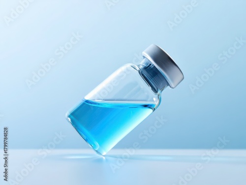 Glass vial with blue liquid tilted on a light blue background