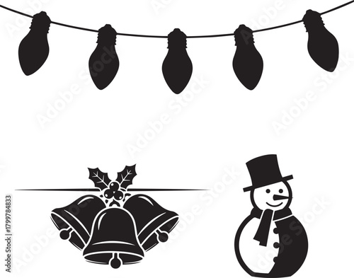 Christmas Silhouette with Bells, Snowman, and String Lights