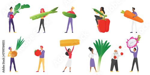 Healthy food, vegetarian diet set. Tiny people hold fresh fruits and vegetables collection, characters carry organic strawberry and tomato, asparagus and onion, cucumber cartoon vector illustration