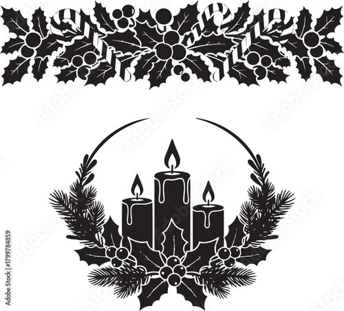 Elegant Christmas Candle Silhouette with Holly and Pine Decoration