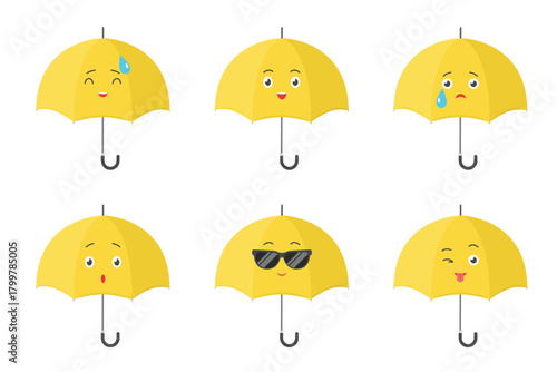 Cute yellow umbrellas set. Funny parasol mascots with different mood expressions, rain umbrellas with mad or surprise face, characters smile or cry with tears, cartoon collection vector illustration