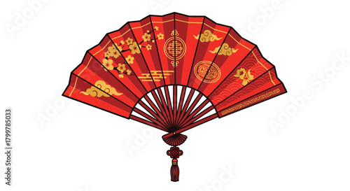 Elegant red folding fan adorned with golden floral and cloud motifs oriental art