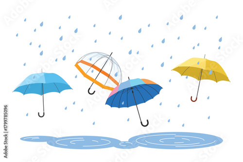 Open umbrellas protect from raindrops in autumn, summer or spring rain, rainy weather poster. Group of umbrellas with handles of different colors and waterproof fabric cartoon vector illustration