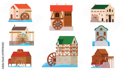 Old watermills set. Vintage stone and wooden houses with wheel to grind flour using kinetic energy of river stream, traditional countryside water mills for rural landscape cartoon vector illustration