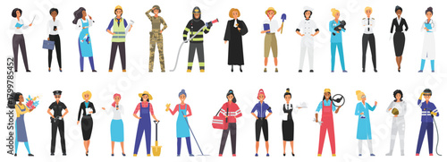 Professional female workers set vector illustration. Cartoon isolated happy girls of different professions, cute employees standing with smile, diverse staff people collection for hiring company
