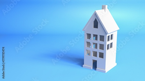 Minimal style house on a blue background with copy space, symbolizing home buying, housing loans, and modern living concepts. 3d rendering