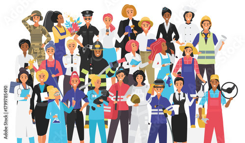 Crowd of women of different professions vector illustration. Cartoon isolated diverse team, strong group of professional female workers standing together, many various young characters in uniform