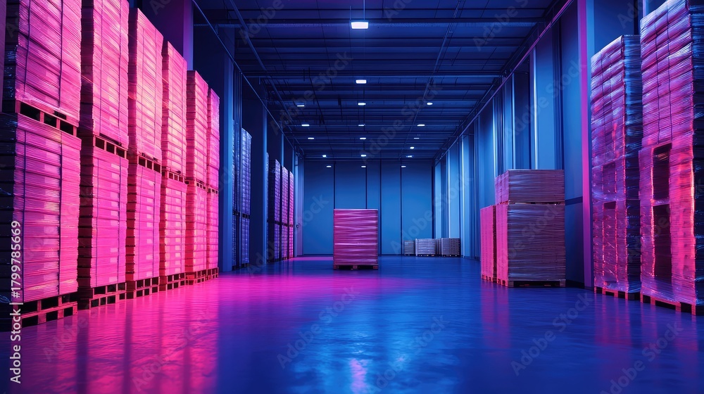 Fototapeta premium Futuristic warehouse storing goods on pallets with neon lighting