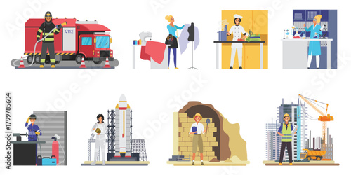 Women of different professions at workplace set vector illustration. Cartoon isolated scenes of female astronaut with rocket and tailor sewing, builder and welder in uniform at construction site