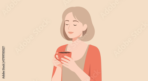 Serene woman enjoying a comforting warm beverage, finding peace in a quiet moment of mindful relaxation and tranquil contemplation