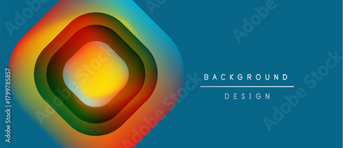 Abstract vibrant design features layered geometric shapes. Colors blend smoothly creating dynamic visual effect. Blue background complements central element.