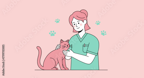 Veterinarian Caring For Cat With Paw Prints Background