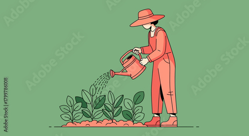 Illustration of a person wearing a hat and overalls, tending to plants with a watering can on a green background