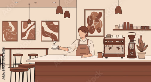 A Cozy Cafe Scene Barista Serving Coffee with Abstract Art and Warm Hues