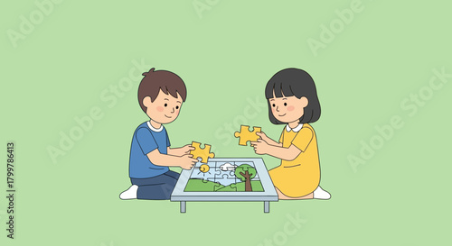 Children assembling puzzle teamwork, cooperation, and problem-solving through play with landscape elements