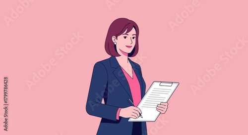 Professional Businesswoman diligently reviewing documents on a clipboard, embodying focus and efficiency in corporate tasks and management