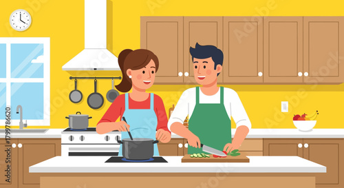 Happy young couple cooking a meal together in a modern kitchen, the woman stirs the pot while the man chops vegetables