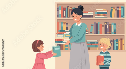 A kind female teacher gives books to a young boy and girl in a library, promoting education and a love for reading
