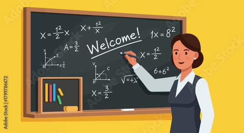 Teacher Writes Welcome on Chalkboard with Math Equations in Classroom