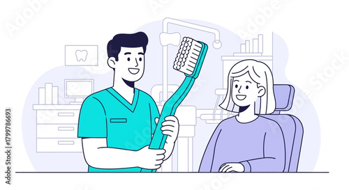 Dentist Showing a Large Toothbrush to a Patient in a Dental Clinic, Promoting Oral Hygiene