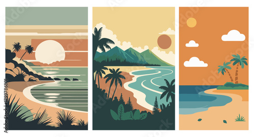 Tropical beach landscape vector set. Palm trees, coastline, sunset, summer vacation, and ocean scenery illustration perfect for travel, nature, and paradise design themes