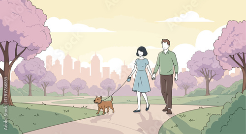 A happy couple enjoying a leisurely spring walk with their beloved dog through a beautiful city park filled with blossoming trees and serene paths on a bright day