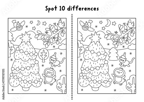 Christmas line find differences game. Winter holiday black and white activity with animals, fir tree, snowy night. Printable worksheet, coloring page for kids with New Year character