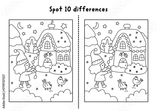 Christmas line find differences game. Winter holiday black and white activity with elf decorating house with lights. Printable worksheet, coloring page for kids with New Year character