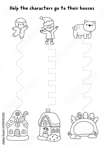 Vector Christmas handwriting practice worksheet with gingerbread man, elf, bear, houses. Printable black and white activity for kids with homes. Winter holiday line tracing game, coloring page