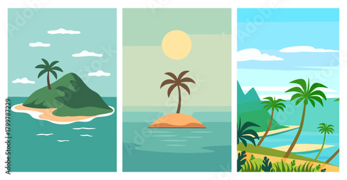 Tropical island landscape vector set. Palm trees, beach scenery, summer vacation, ocean view, and exotic paradise illustration perfect for travel, nature, and holiday design
