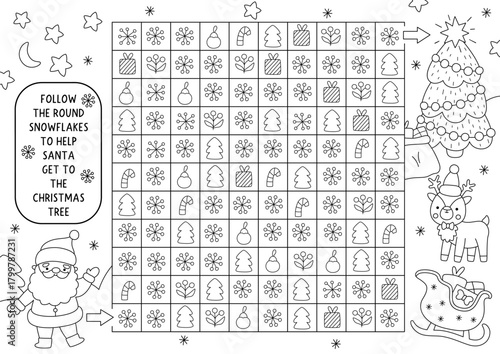 Christmas black and white maze, seek and find game with winter snowy landscape. New Year printable activity, line puzzle, coloring page. Follow snowflakes to help Santa get to tree