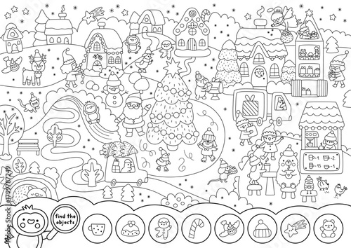 Vector black and white searching game with Christmas village landscape. New Year line seek and find activity, coloring page for kids. Winter holiday worksheet with tree, elf, animals, Santa Claus